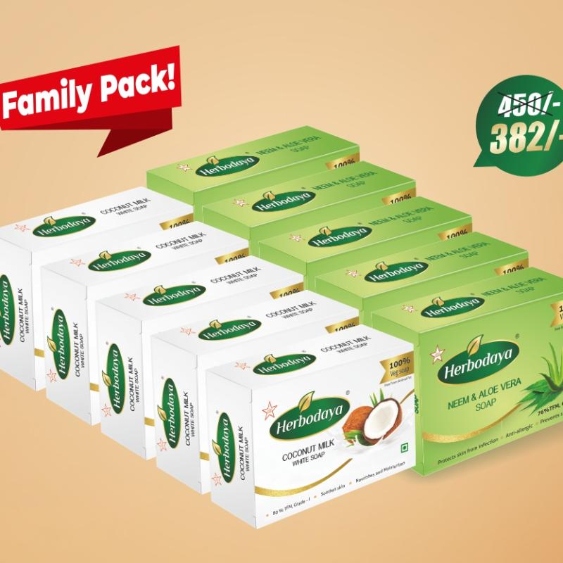 Family Pack (5*75g-Coconut Milk Soap + 5*75g-Neem & Aloe Vera Soap)